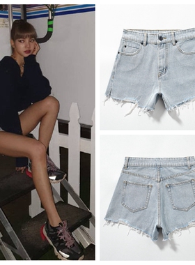 Lisa同款牛仔短裤女2025年夏季新款高腰浅蓝色破洞短裤女A字热裤