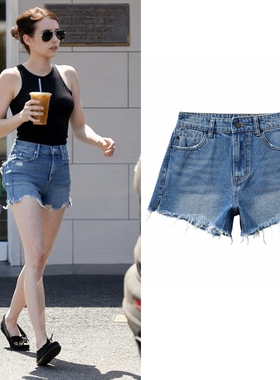 艾玛罗伯茨Emma Roberts同款纯棉牛仔短裤女夏季新款深蓝色热裤潮