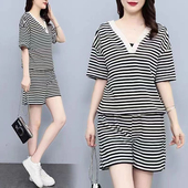 女运动短裤 套装 两件套潮 女装 设计感小众两面穿蝴蝶结条纹t恤大码