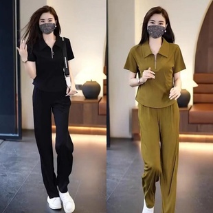 新款 两件套 运动服套装 长裤 阔腿裤 休闲拉链翻领短袖 韩版 女夏季 时尚