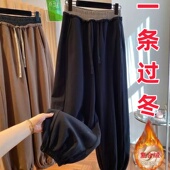 加绒加厚 宽松撞色休闲高腰束脚卫裤 哈伦长裤 大码 女秋冬新款 薄款
