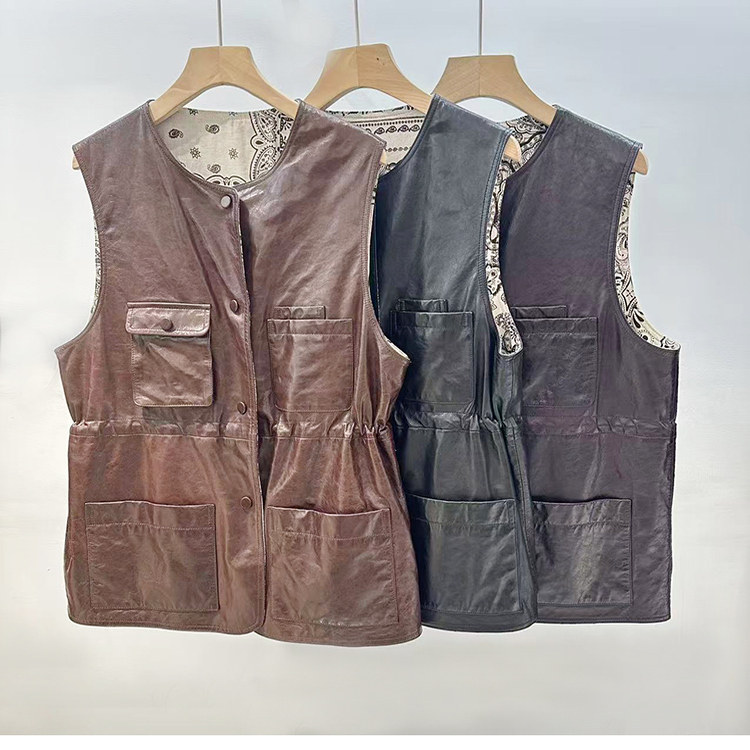 欧洲站2025秋季新款圆领油蜡轻奢百搭显瘦羊皮真皮两面穿马甲女