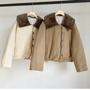 小个子水貂毛大毛领鹅绒服女2025冬新单排扣巴恩风皮草派克服外套