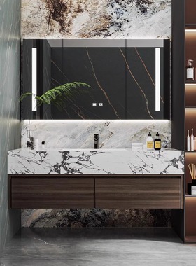 意式轻奢岩板陶瓷一体无缝浴室柜组合卫生间洗漱台洗脸洗手盆定制