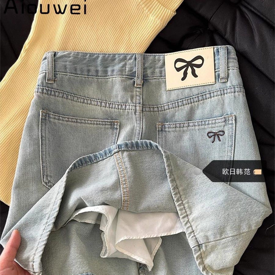 大码浅色蝴蝶刺绣牛仔包臀裙女夏季薄款高腰防走光显瘦修身短裙裤