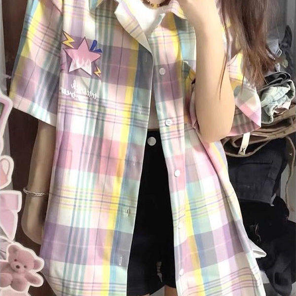 韩系学院风彩虹色格子半袖衬衫女夏季宽松百搭多巴胺穿搭衬衣外套