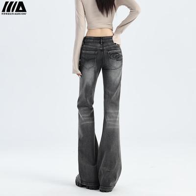 复古烟灰色微喇牛仔裤女2025年新款弹力低腰显瘦小个子拖地喇叭裤