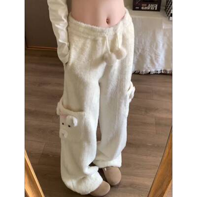 冬季加厚高腰垂感宽松水貂绒裤子女阔腿针织奶白色直筒裤百搭长裤