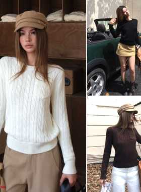 Audwyn圆领麻花毛衣修身针织衫女初秋新款直筒百搭气质长袖上衣