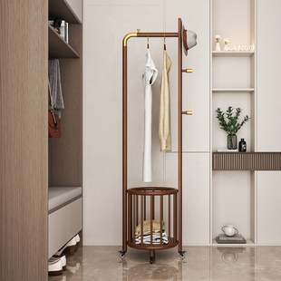 衣帽架双杆挂衣架落地卧室实木脏衣篮篓家用客厅主卧结实耐用滚轮