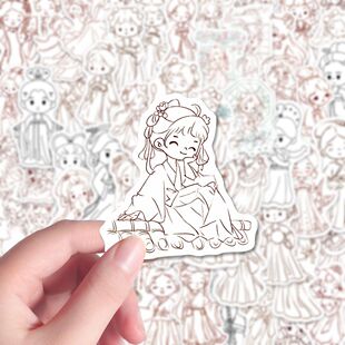 120张古风小人贴纸简笔画手账素材手机平板行李箱贴纸防水贴画diy