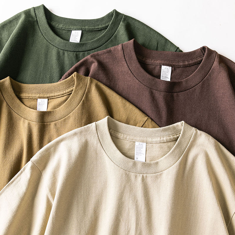 신강 코튼 헤비급 라운드 넥 반팔 티셔츠 일본 복고풍 코튼 루즈 티셔츠 솔리드 컬러 캐주얼 탑 여름 T