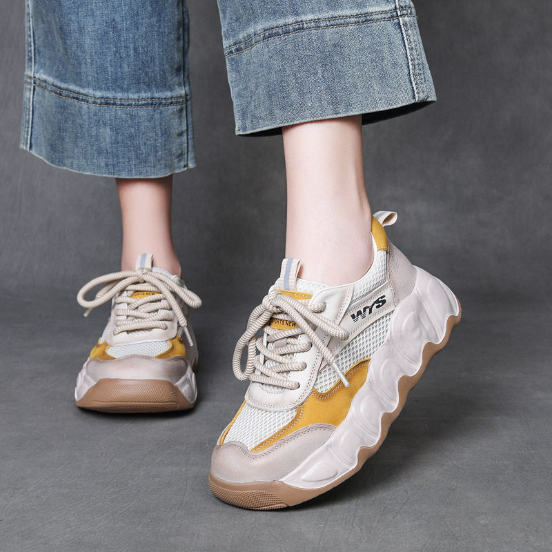 2026春季新款头层牛皮透气网鞋潮真皮蛋糕底厚底运动风休闲女鞋
