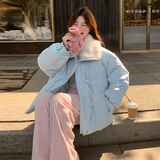 超好看蓝色短款羽绒服女冬2024新款加厚羊羔毛拼接90白鸭绒面包服，女装羽绒服，浙宝173