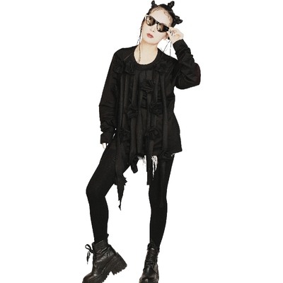 定制2023春夏新女装不规则拼接流苏暗黑系设计师小众长袖花朵T恤