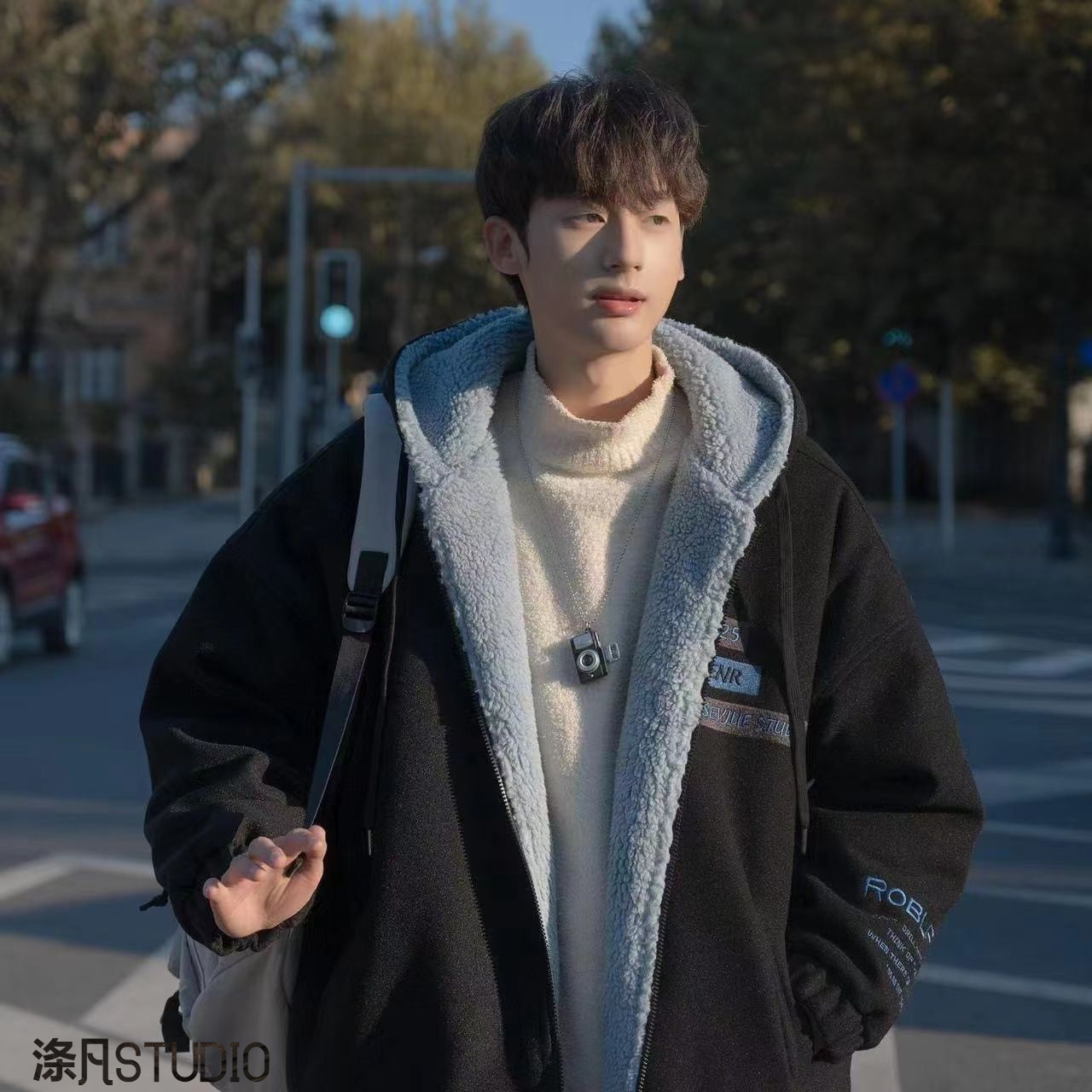 羊羔绒连帽棉衣外套男冬