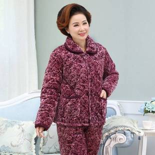 冬季 老年珊瑚绒夹棉睡衣三层加厚加绒婆婆奶奶棉袄妈妈家居服套装