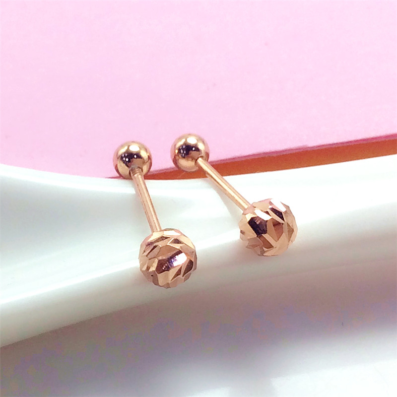 14K玫瑰金车花珠球螺丝耳钉