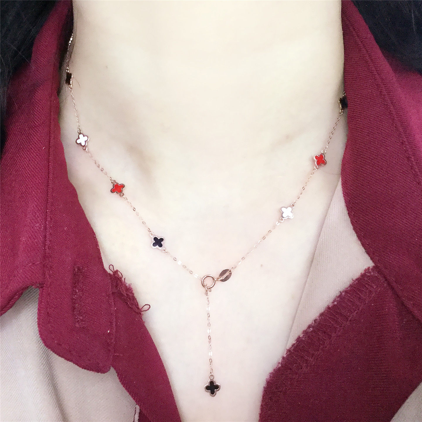 太太珠宝585紫金多花彩色四叶草套链时尚轻奢14K玫瑰金气质项链