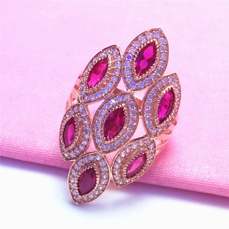 纯俄罗斯585紫金精美新款粉红宝石加锆石戒指14k玫瑰金大气食指戒