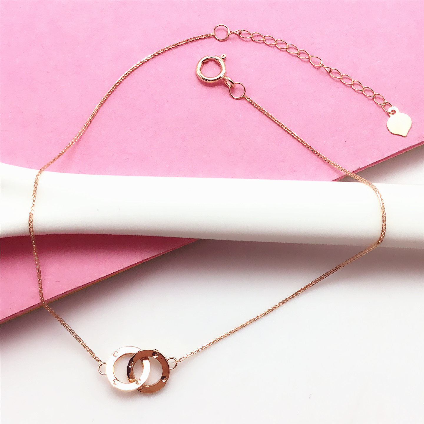 太太珠宝585紫金素金肖邦双环手链简约百搭款14K玫瑰金气质手链