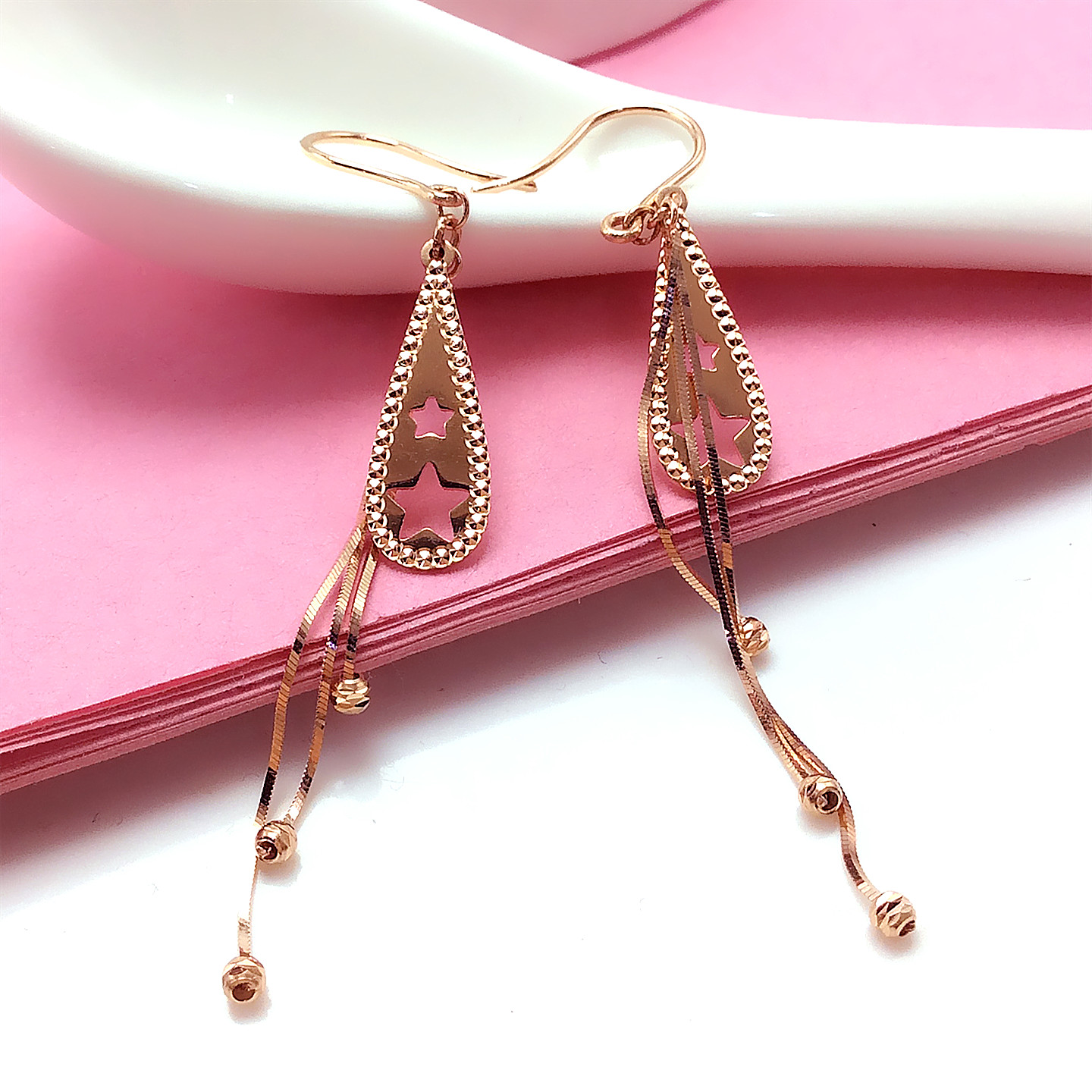 14K玫瑰金片水滴蛇骨流苏耳钩