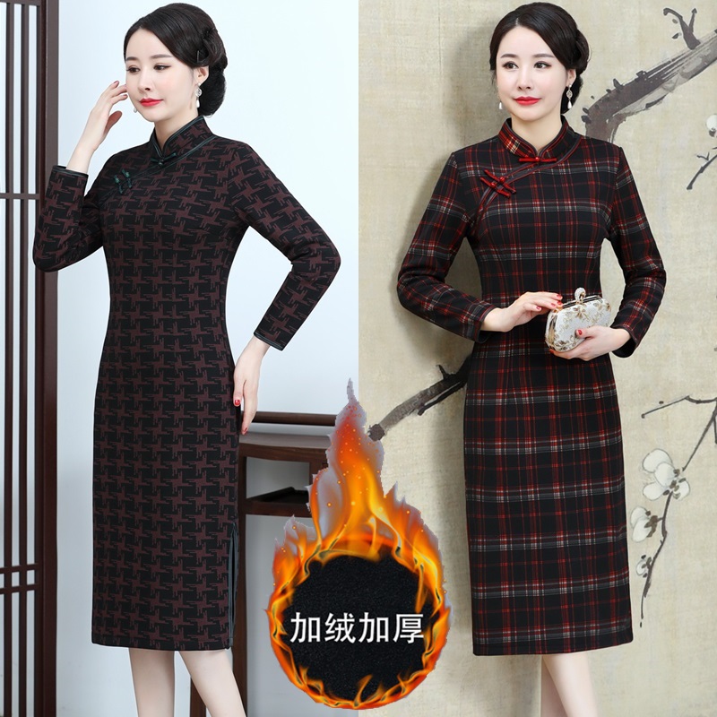 格子旗袍秋冬加绒加厚女中年妈妈