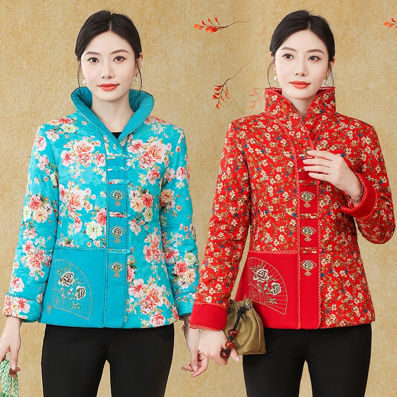 年轻妈妈装夹棉轻薄民族风印花小棉衣唐装立领中老年女装棉衣外套