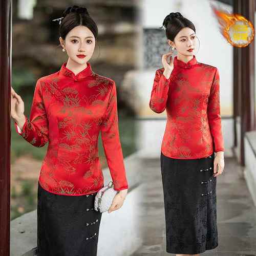 旗袍领唐装2024冬季新款中国风加绒复古红色提花日常上衣修身长袖
