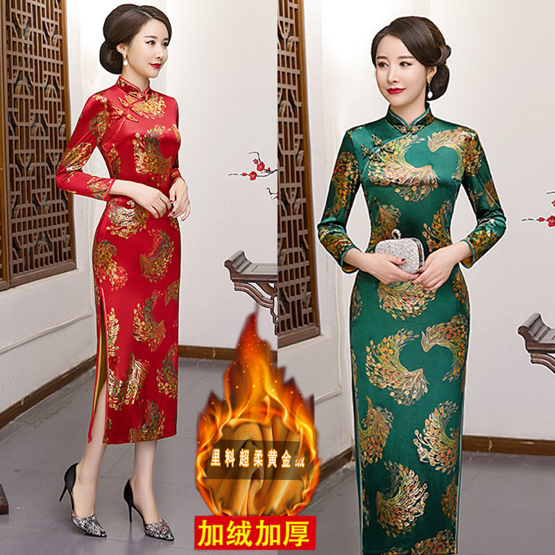 复古日常旗袍加绒加厚长袖演出服