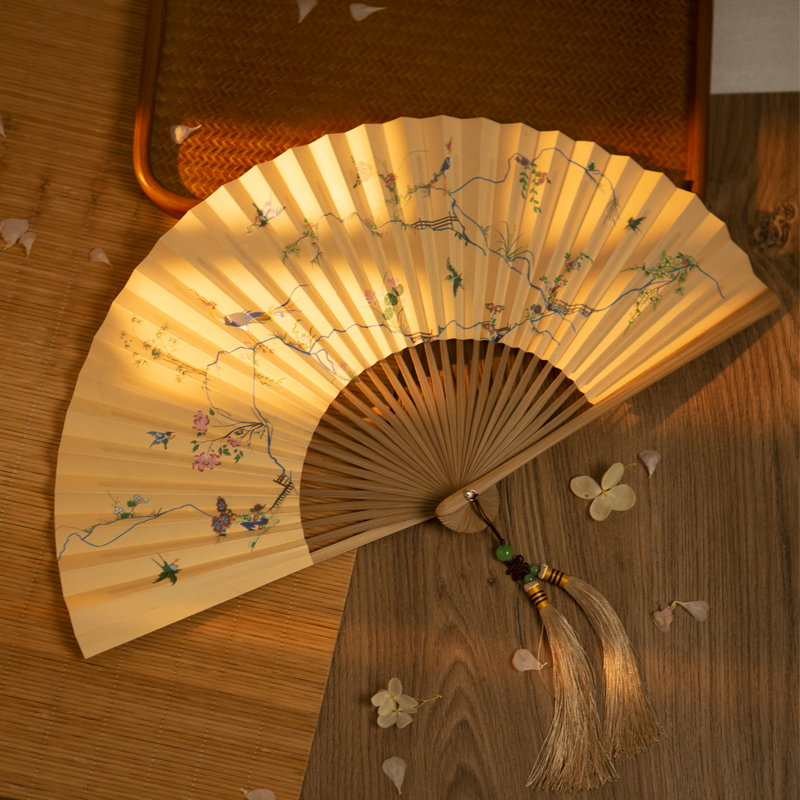 吉善明制兔嬉花鸟裙折扇8寸30骨油竹古风汉服扇子双面宣纸舞蹈女