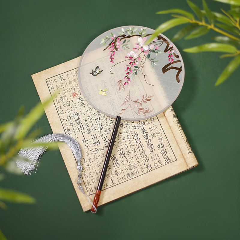 吉善中国风扇子真丝芒种团扇圆扇礼品苏绣双面手工刺绣黑檀木宫扇_虎窝淘