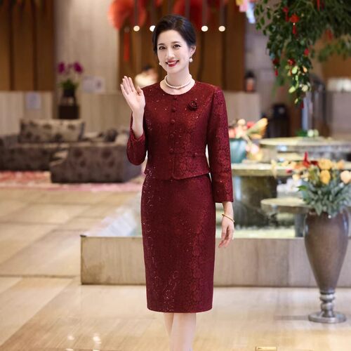 酒红色蕾丝礼服裙子2026春秋新款假两件婚庆婚宴妈妈喜婆婆连衣裙