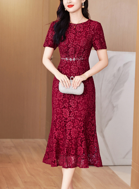 红色蕾丝礼服鱼尾裙子长款2026年夏装新款高贵订婚敬酒晚服连衣裙