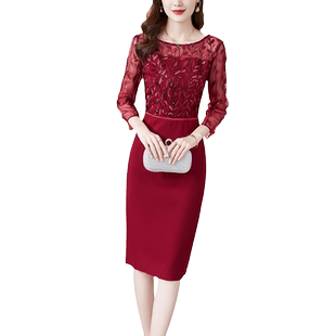 酒红色蕾丝旗袍女长袖2025春夏新款婚礼宴会礼服高级感包臀连衣裙