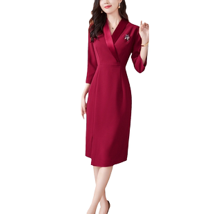 红色西装领连衣裙女长袖2026春秋新款结婚宴会礼服收腰显瘦中长款