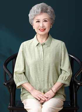 中老年女装夏薄款七分袖棉衬衫