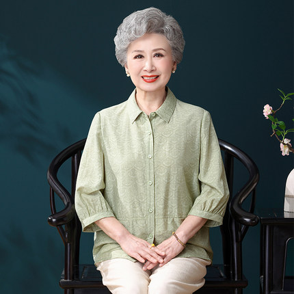 中老年女装夏装七分袖棉衬衫妈妈装薄款宽松刺绣75岁85岁奶奶上衣