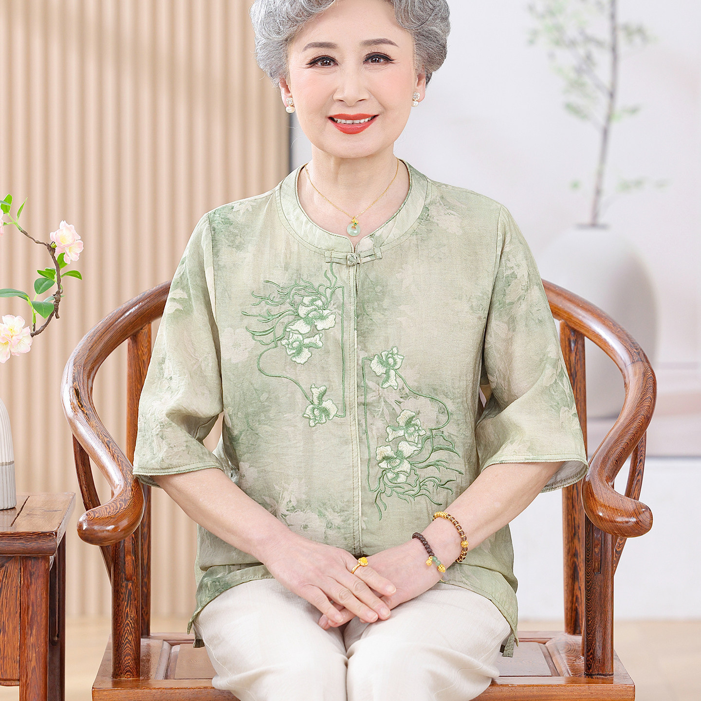 母亲节新中式刺绣薄款妈妈衬衫