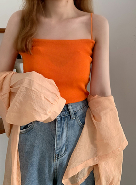 亮橙色橘色针织吊带背心 韩国学院风百搭显瘦桔色外穿小吊带女夏