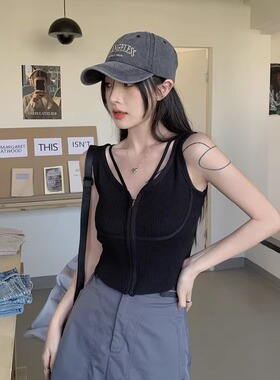 美式运动风甜酷针织吊带女夏季泽西风穿搭V领露脐短款拉链小背心