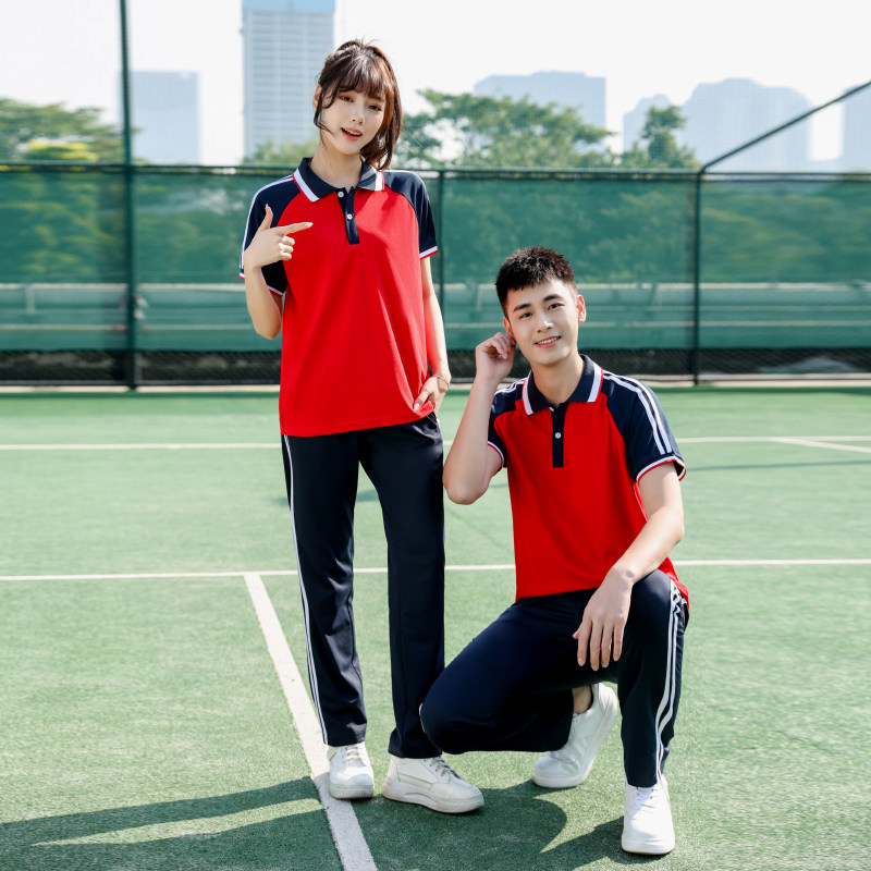 夏季中小学生红色白色男女校服班服翻领短袖修身款运动风套装裤子