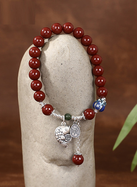 朱砂福顺锦鲤戏莲足银手链