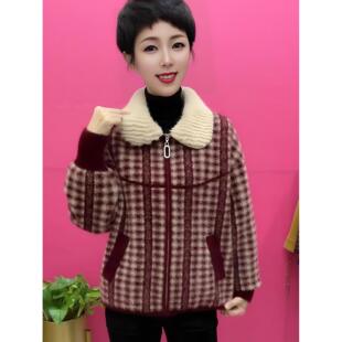 千鸟格金貂绒外套女短款翻领拉链洋气厚款毛呢外套秋冬妈妈新款女