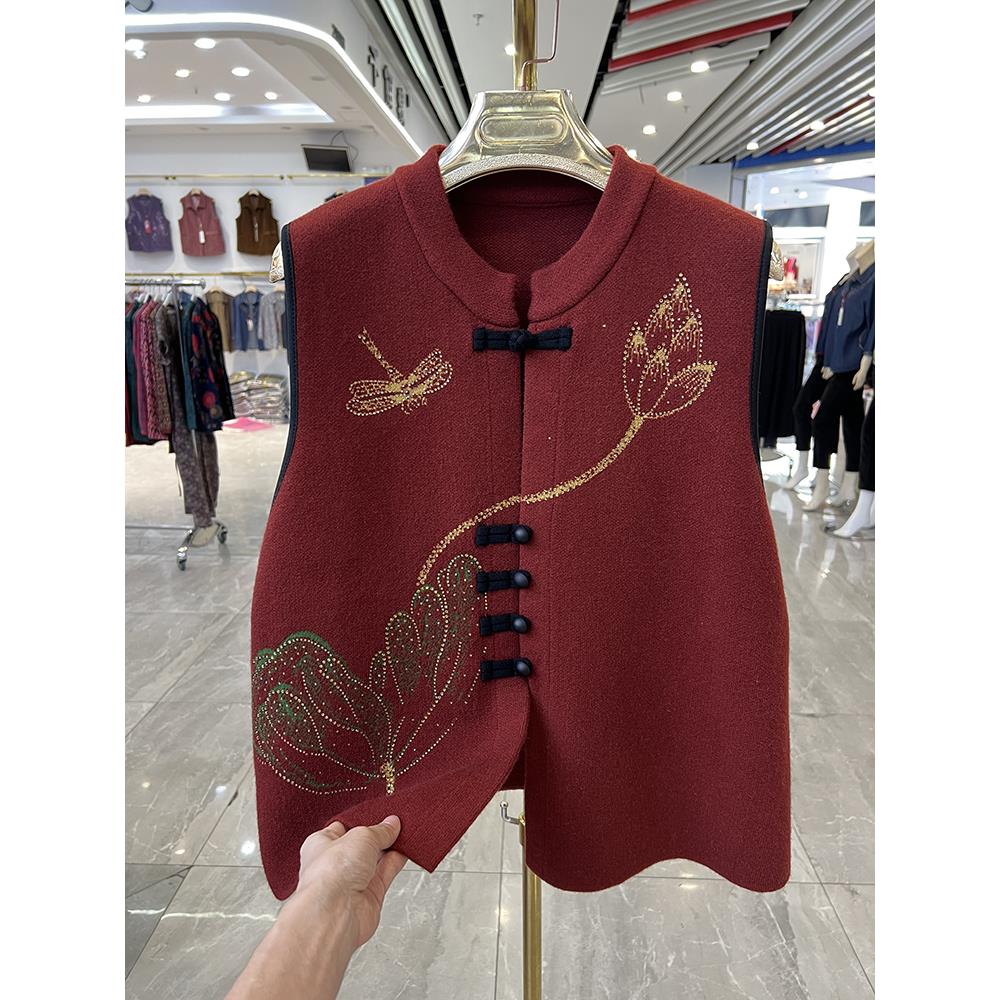 中式妈妈装绣花无袖针织马甲秋季新款洋气高贵中老年背心外套上衣