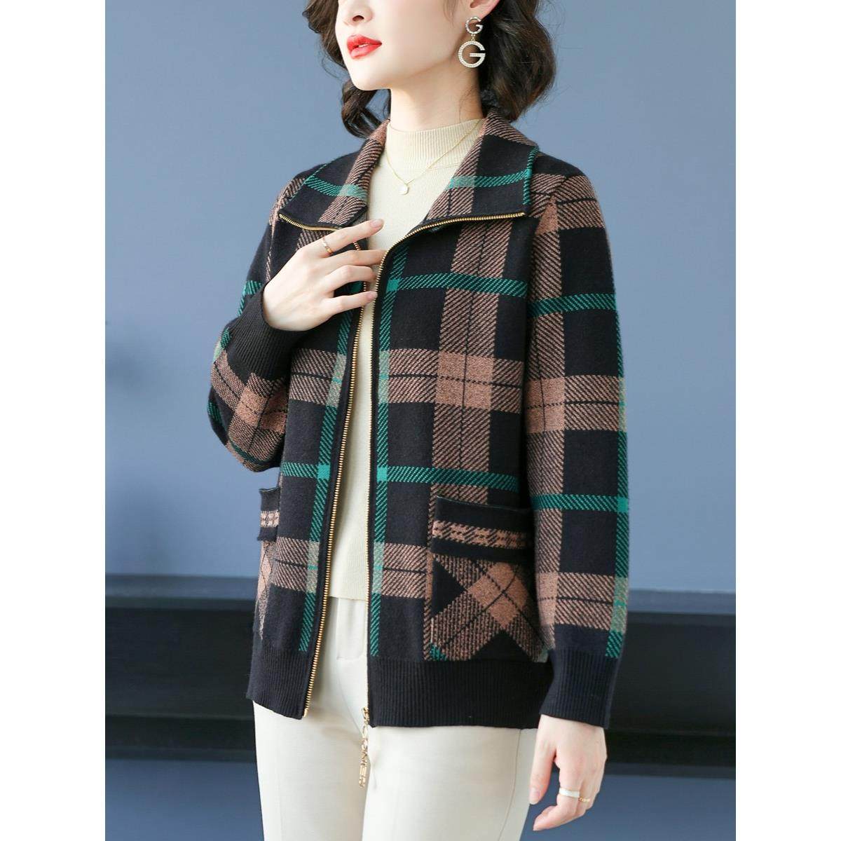 中年妈妈外套春秋2024新款中老年人女秋装短款夹克衫格子上衣服装,女装/女士精品,中老年女装,淘宝优惠券,粉丝福利购,淘宝优惠卷