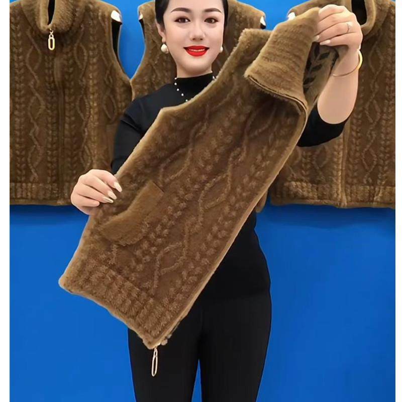 妈妈秋冬马甲背心仿水貂绒加厚坎肩中老年女保暖内搭纯色提花马夹