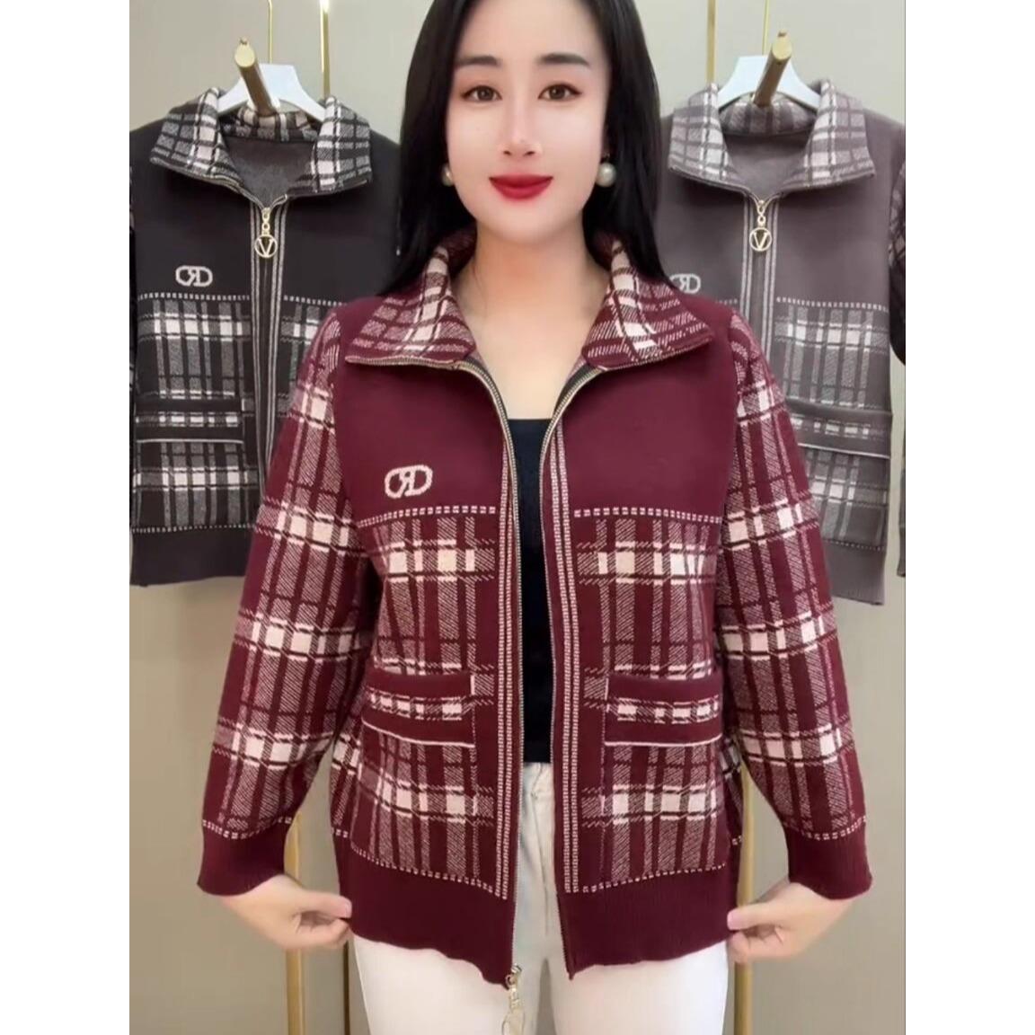 秋冬新款拼色格子拉链外套时尚翻领长袖毛呢针织衫女休闲短款上衣