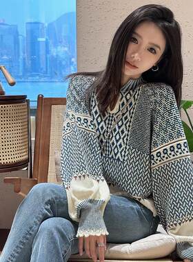 ZQ子晴 青花瓷重工提花立领宽松毛衣女冬新款灯笼袖针织上衣