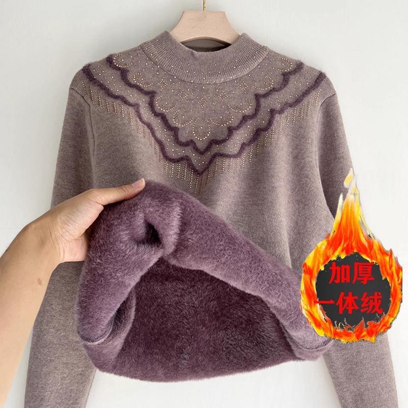 好质量女士秋冬加绒加厚毛衣打底衫中老年一体绒妈妈装针织衫上衣